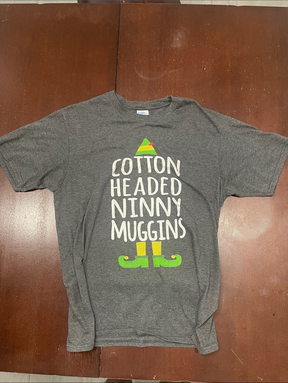 Port and Company Gray Tee with Green and Yellow Elf Graphic
